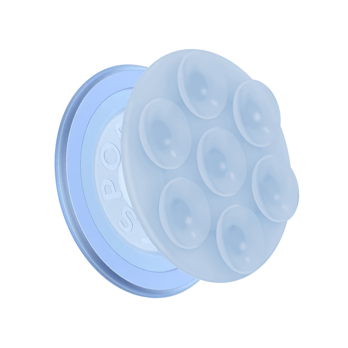 Un Pop Socket azzurro con otto ventose e un anello blu.