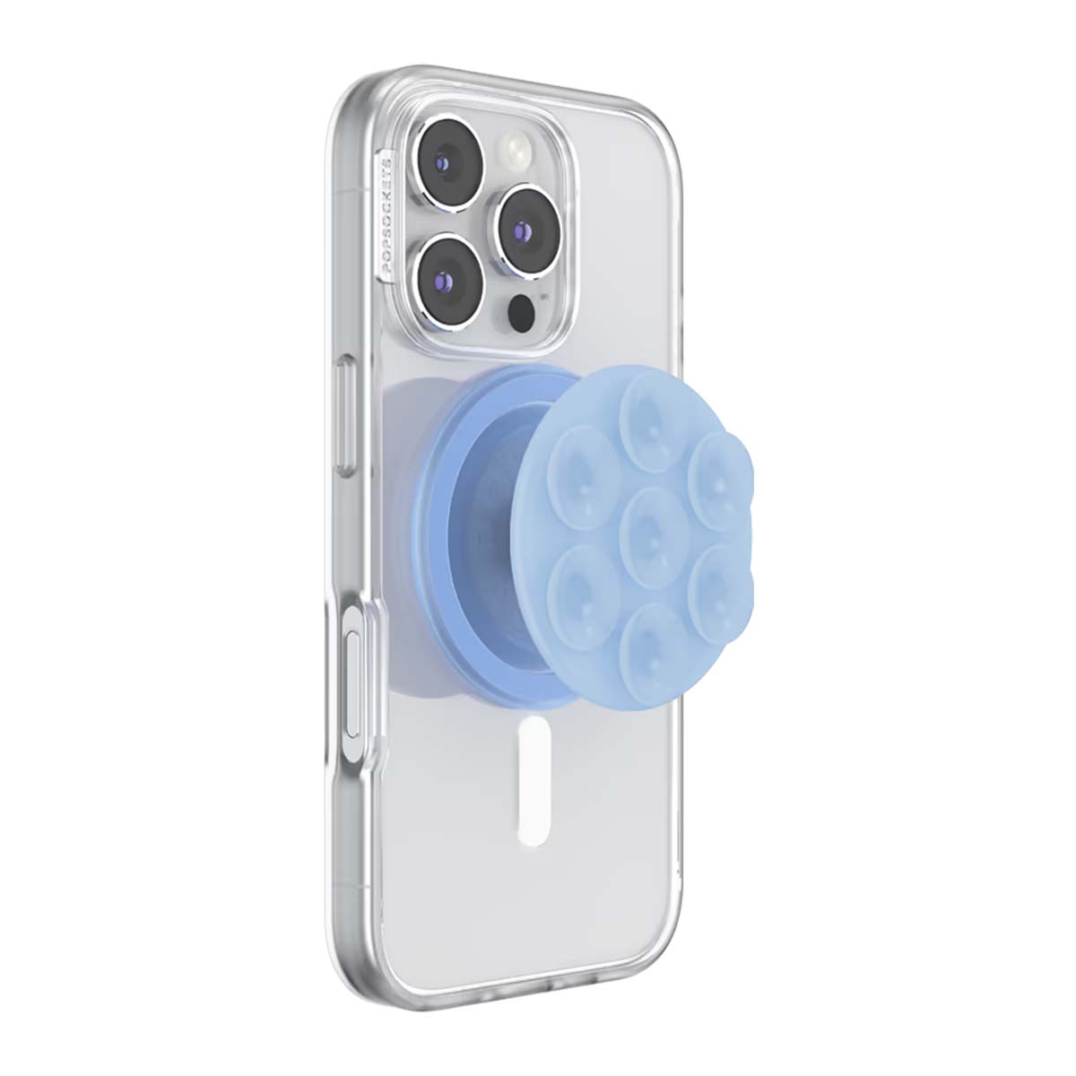 Un accessorio per telefono azzurro con ventose aderisce a una custodia per telefono trasparente.
