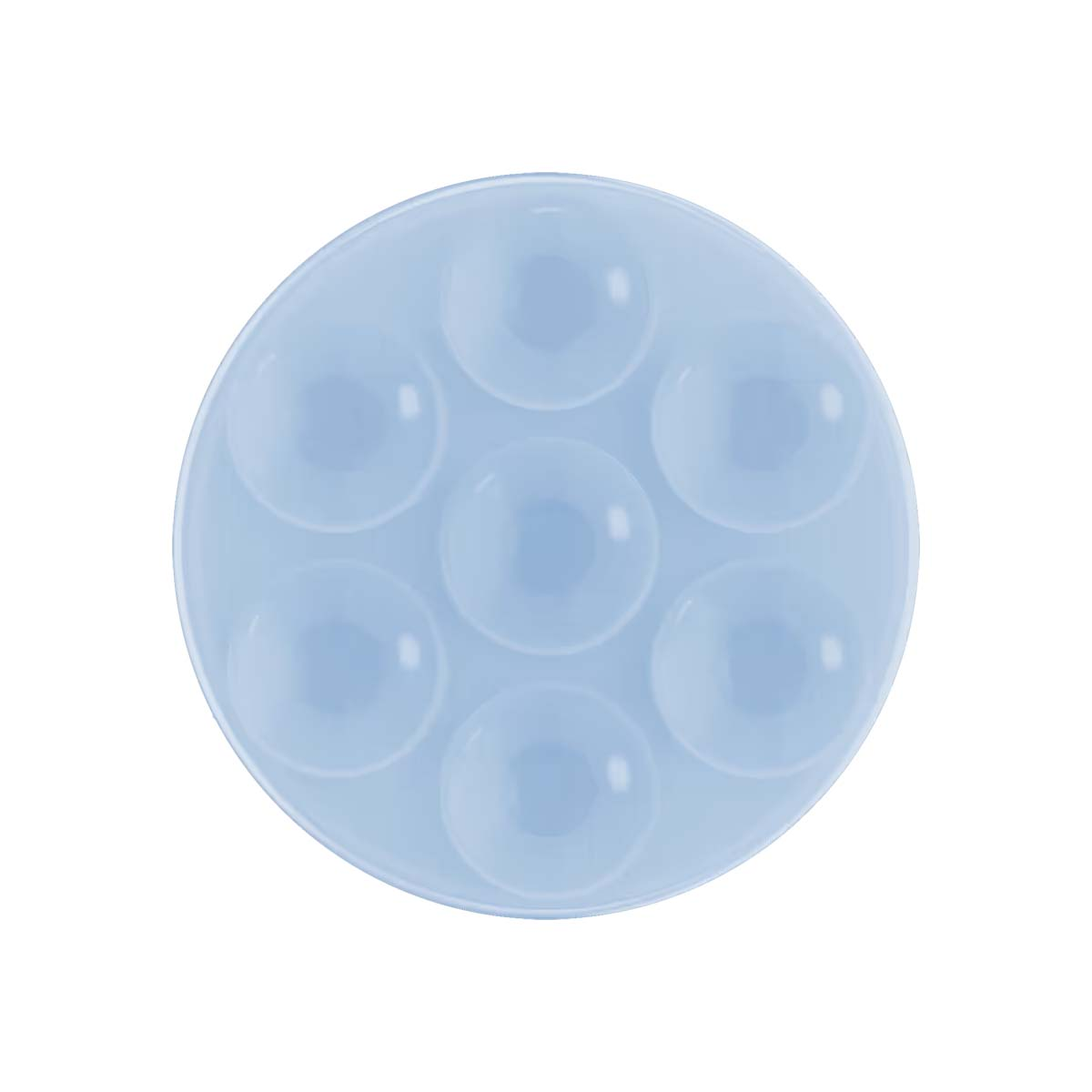 Un vassoio rotondo azzurro con sette cavità circolari.