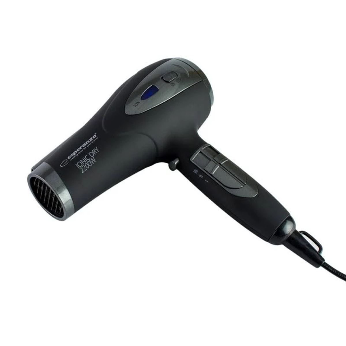 Czarna suszarka do włosów z srebrnymi akcentami i kontrolkami.