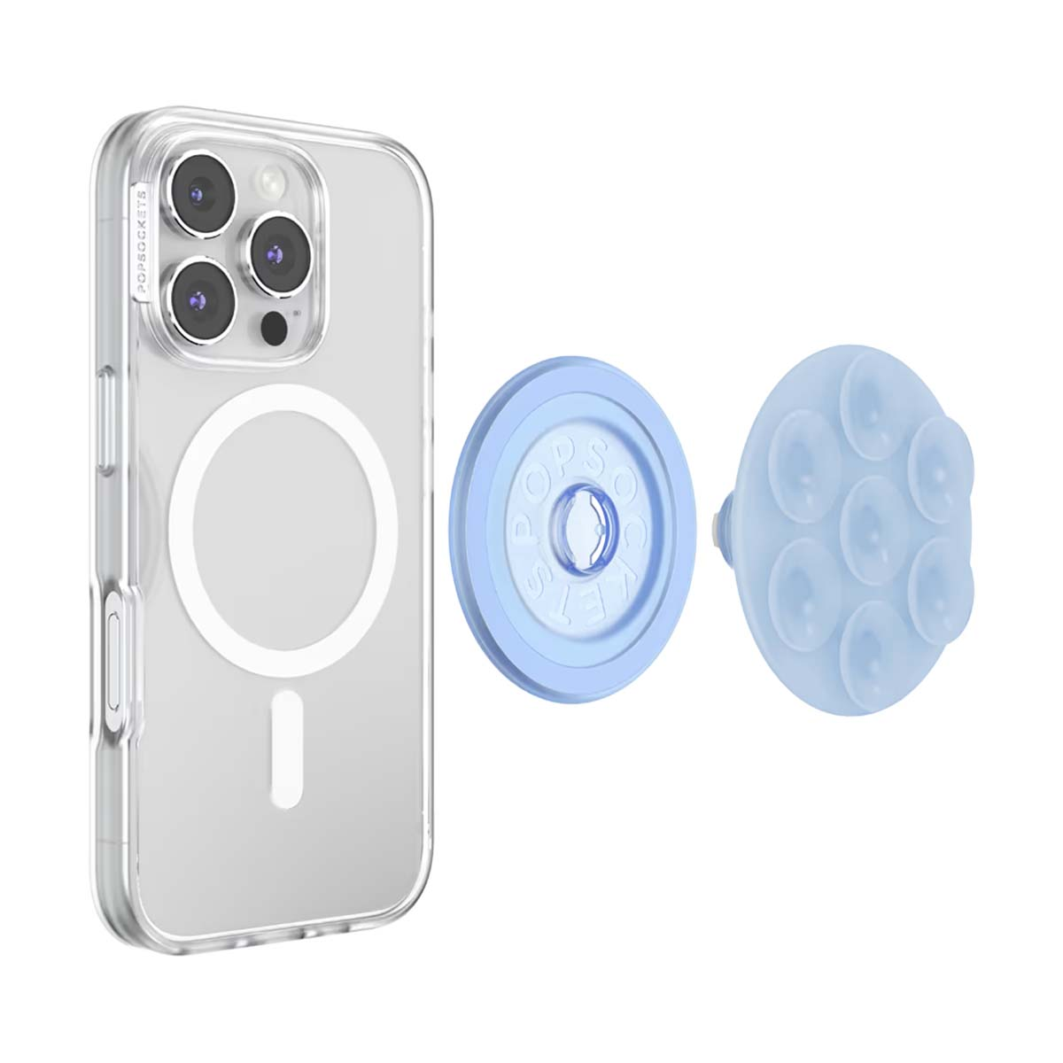 Custodia trasparente per telefono con tre fotocamere e un anello MagSafe accanto, un supporto blu.