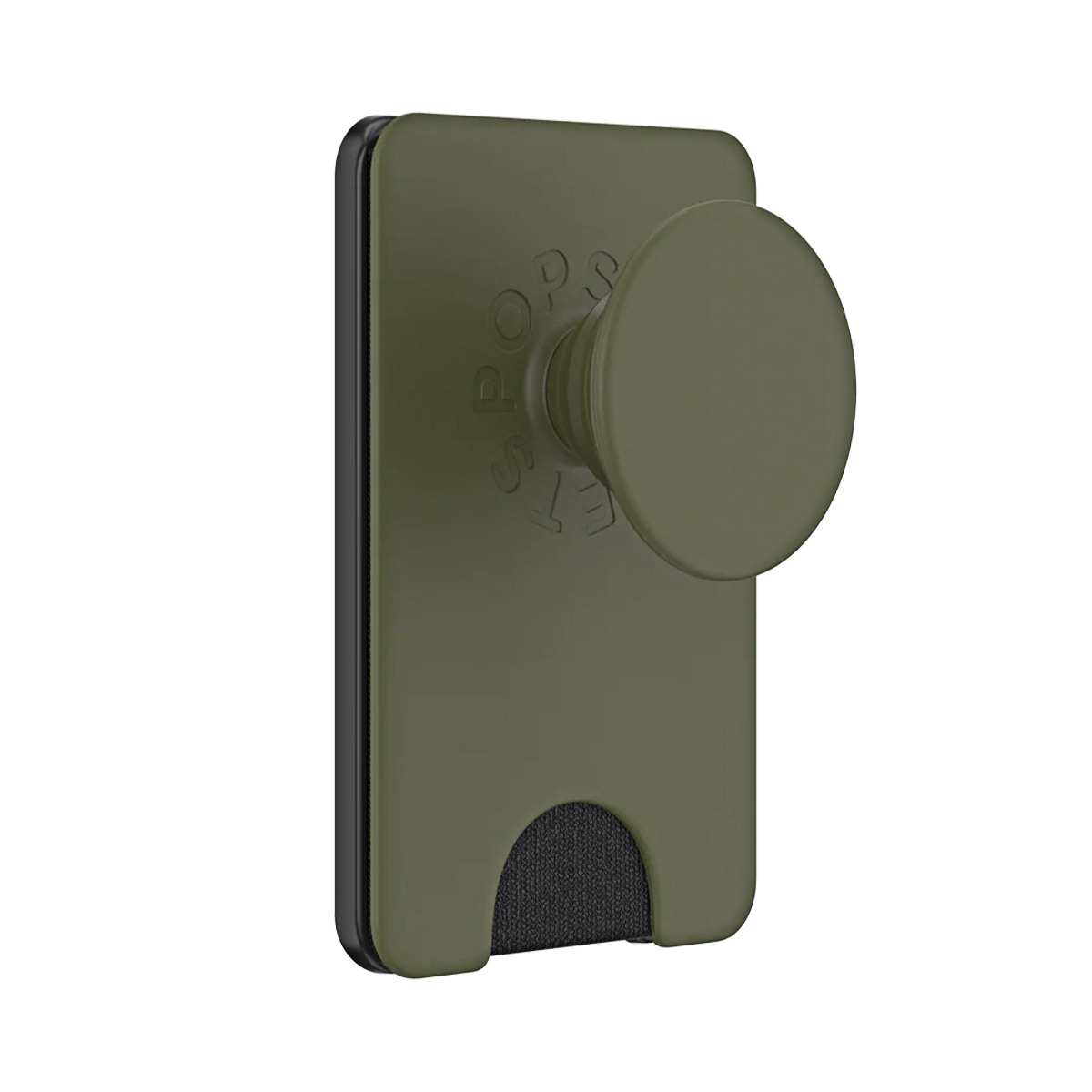 Un accessorio per telefono verde oliva con PopSocket e porta carte.