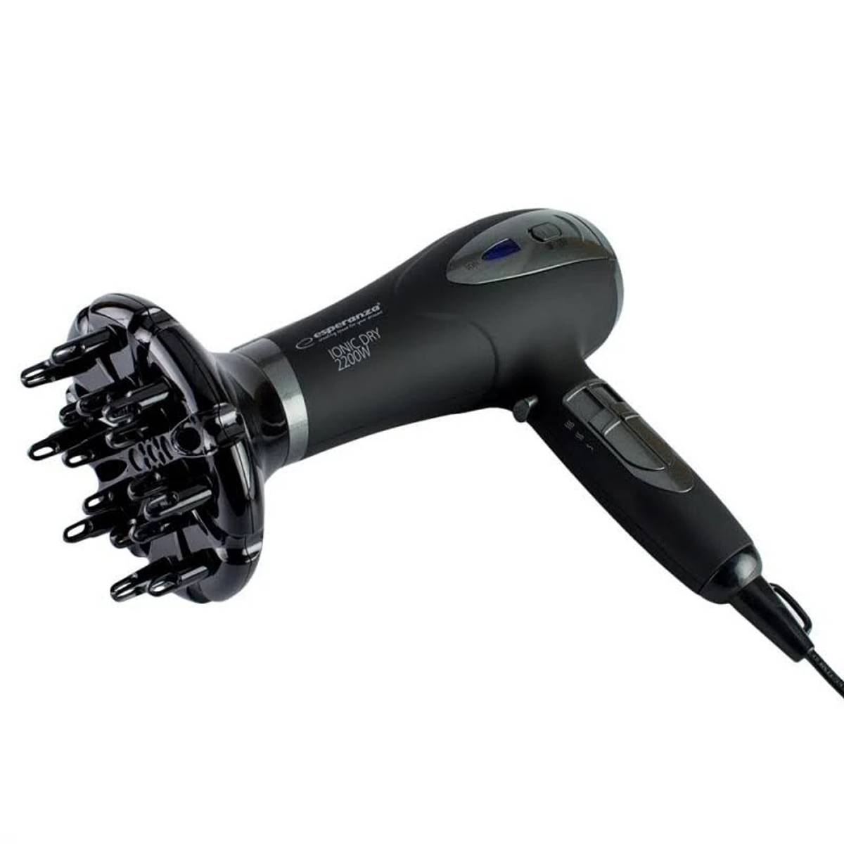 Czarna suszarka do włosów z dyfuzorem na białym tle.