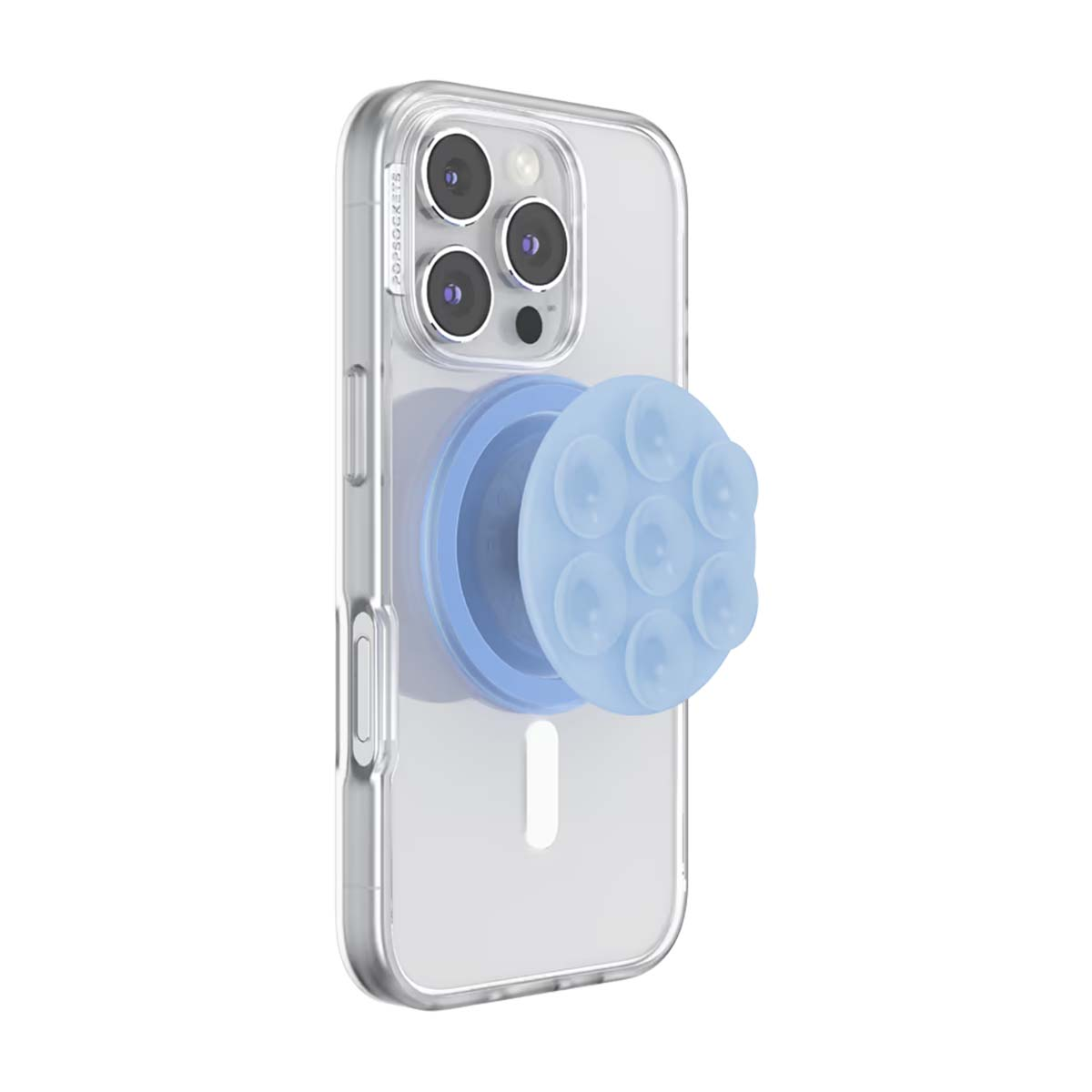 Una custodia trasparente per iPhone con impugnatura PopSocket azzurra sul retro.