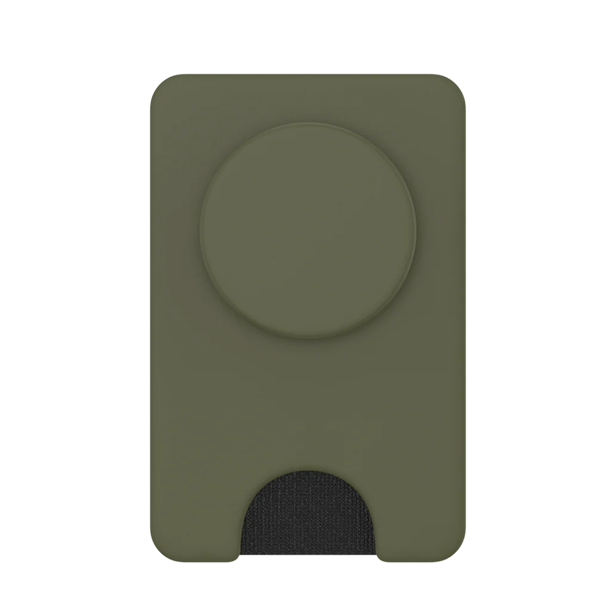 Un porta telefono verde oliva con un cerchio rotondo e tessuto nero in basso.