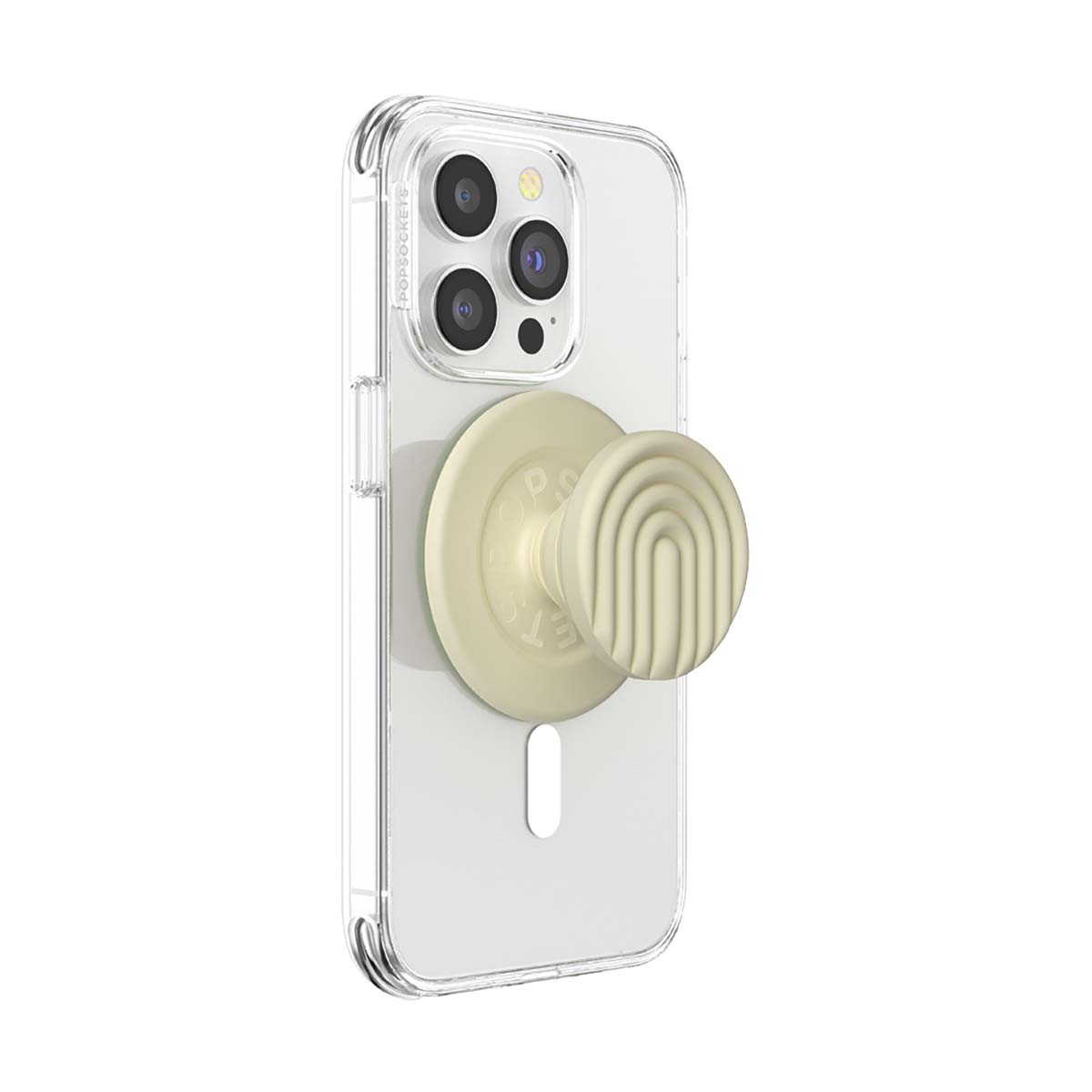 Un PopSocket beige con design ad arco arcobaleno su una custodia trasparente per iPhone.