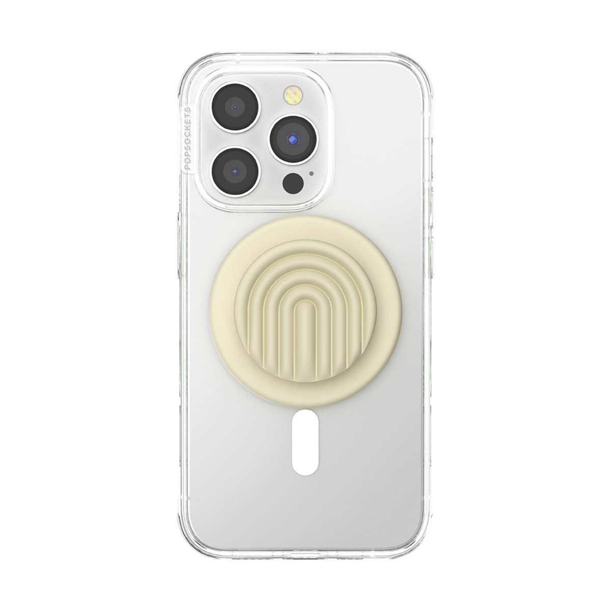Una custodia trasparente per iPhone con PopSocket giallo a fantasia arcobaleno.