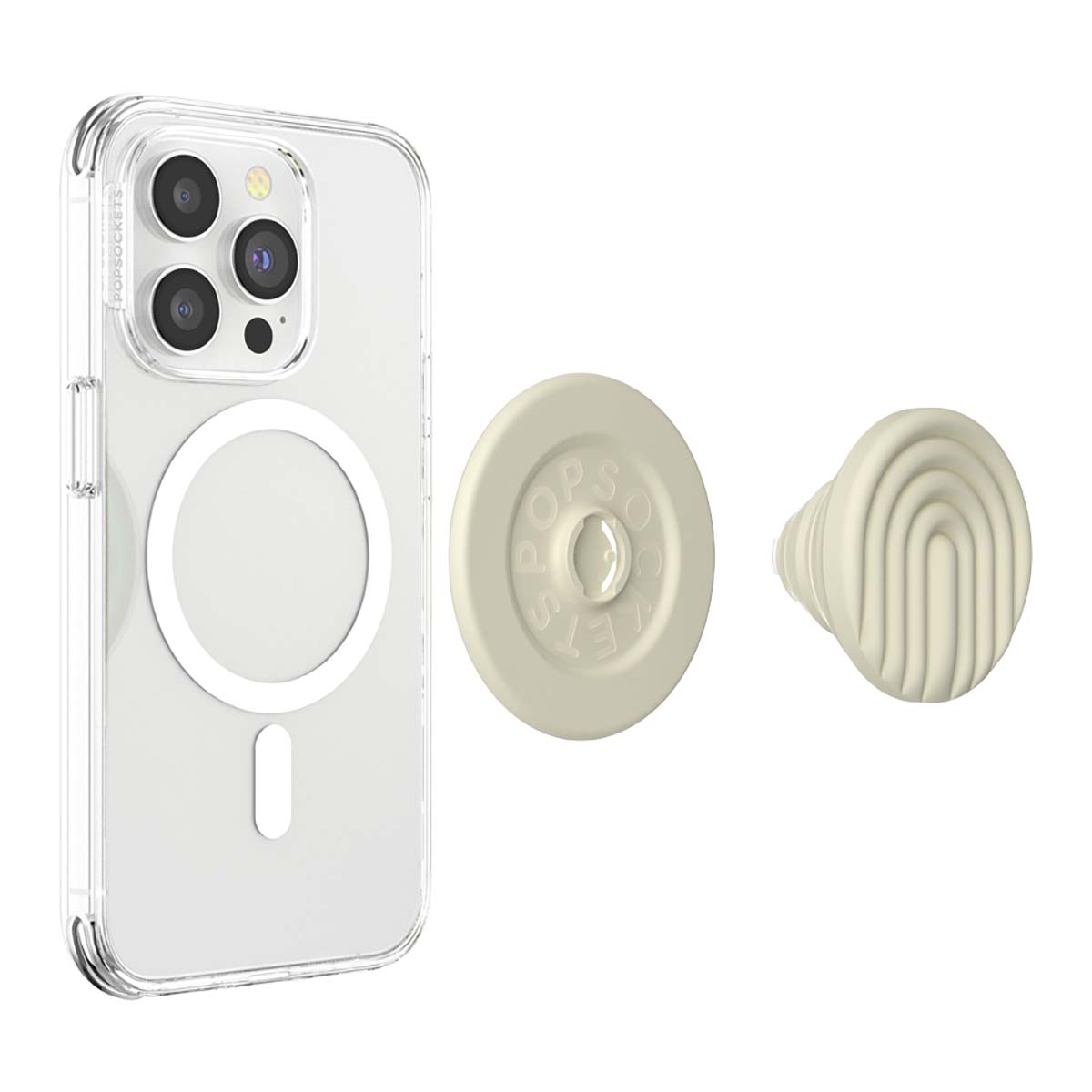 Custodia trasparente per telefono con anello magnetico, PopSocket beige e base PopSocket beige.