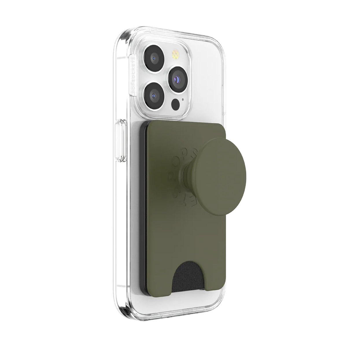 Un PopSocket verde con porta carte attaccato a una custodia trasparente per iPhone.