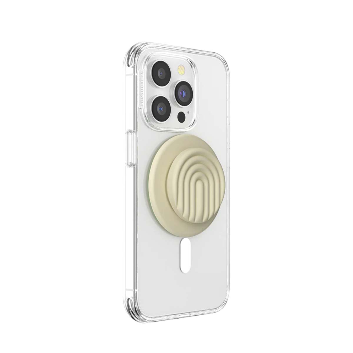 Custodia trasparente per telefono con PopSocket arcobaleno color crema.