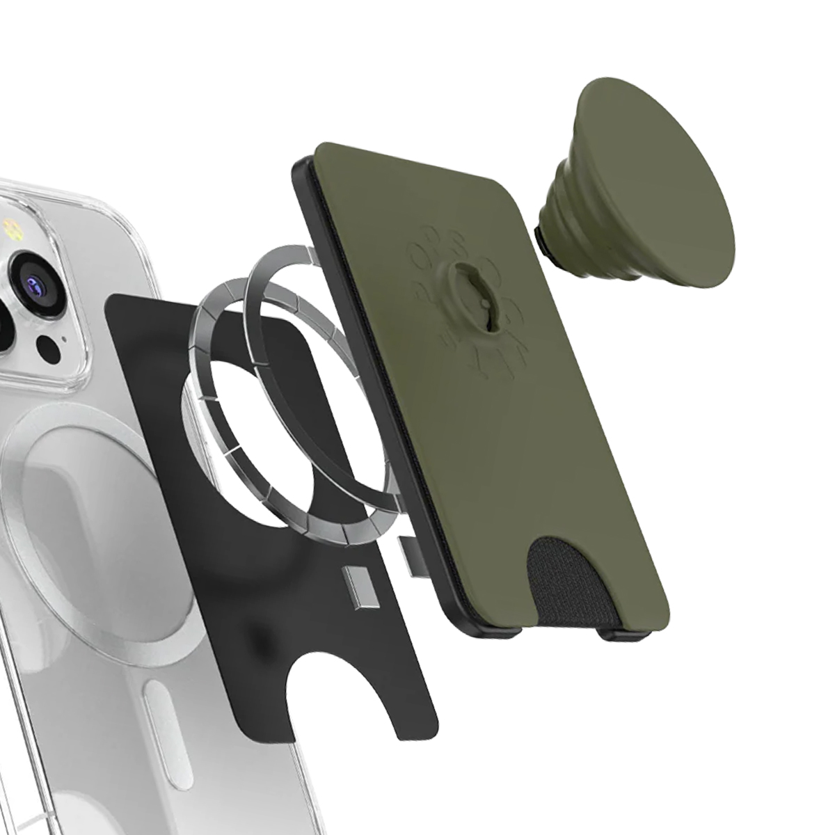 Vista esplosa di un set di accessori per smartphone verde oliva.