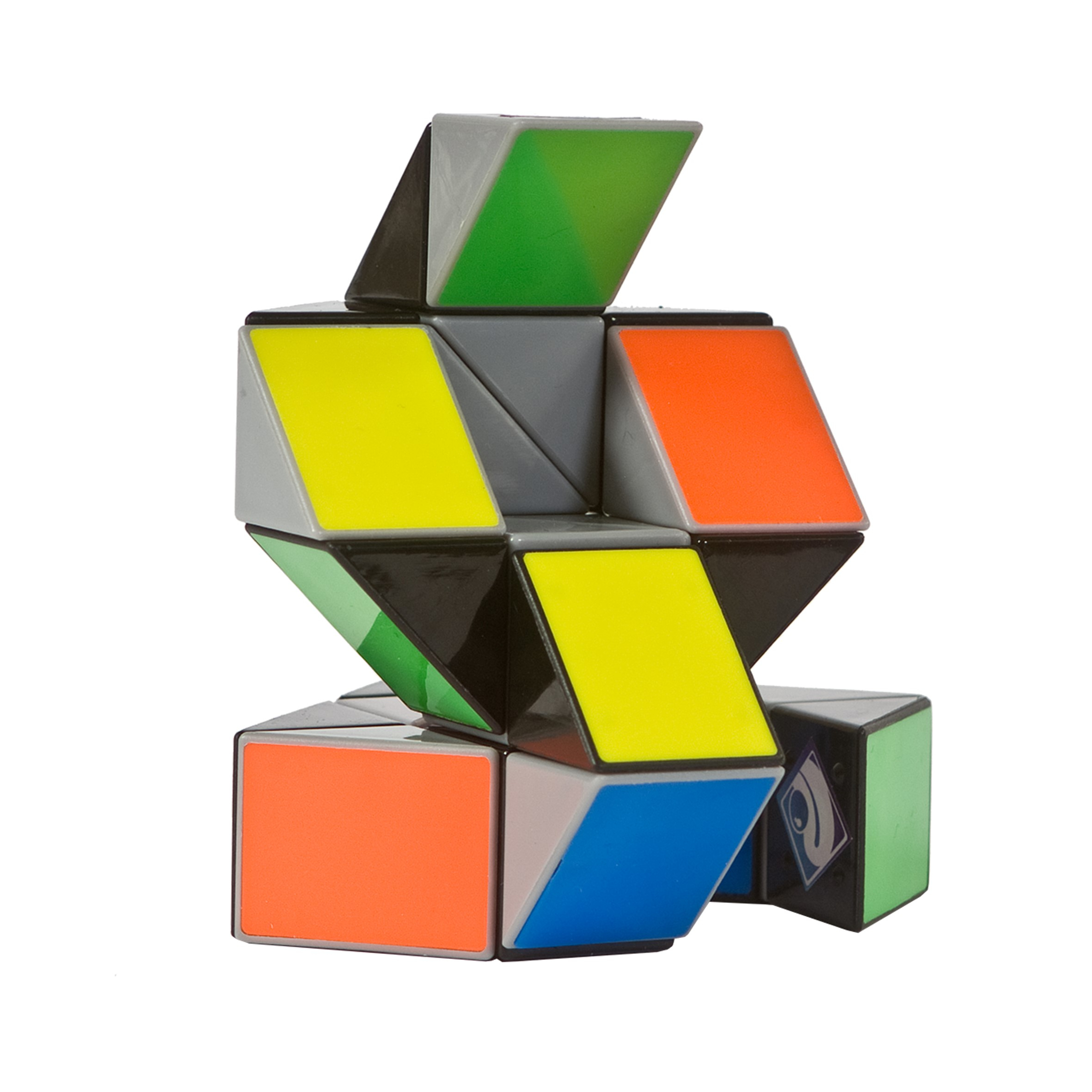Ein bunter Schlangenwürfel mit grünen, gelben, orangen und blauen Flächen.
