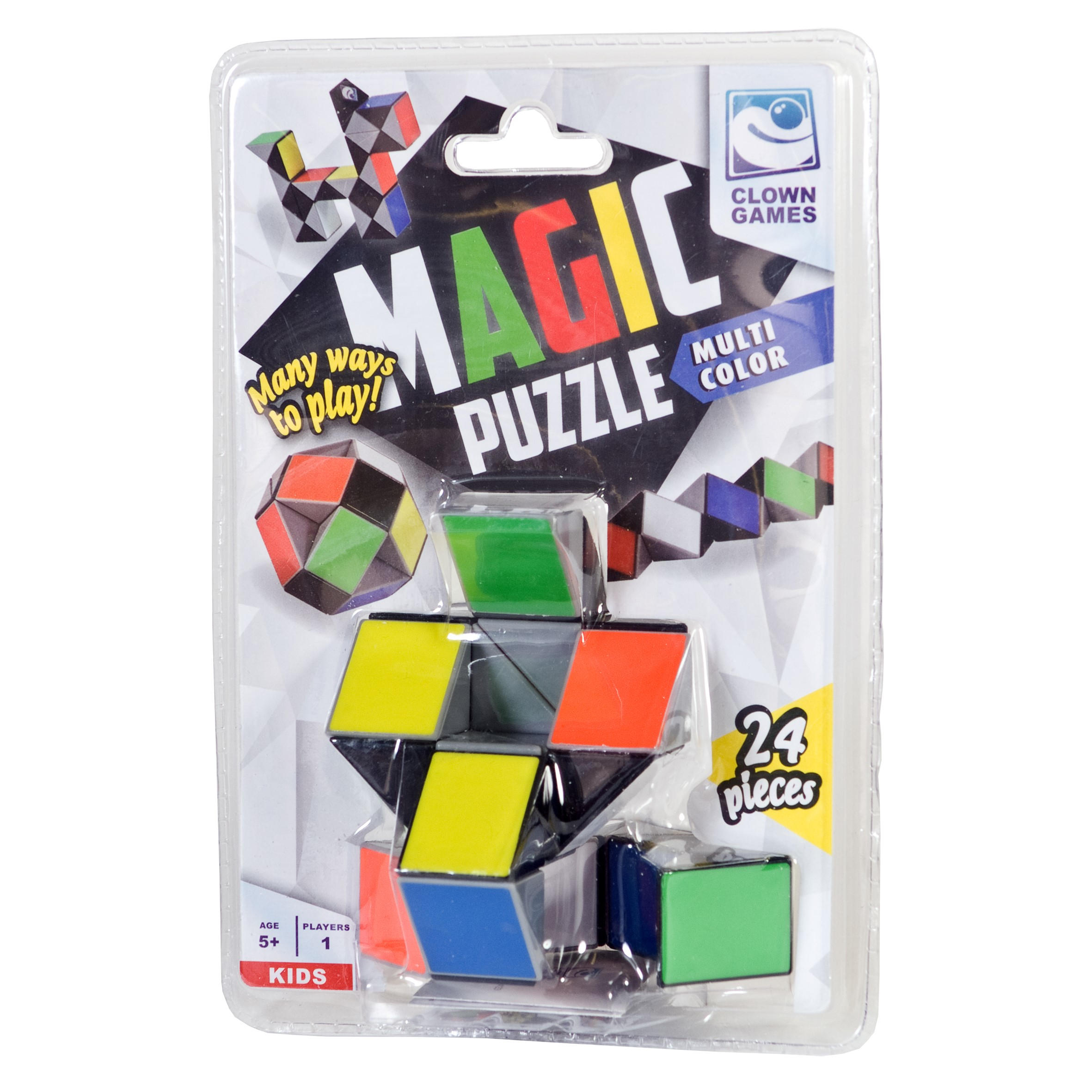 Verpackung eines bunten magischen Puzzles mit 24 Teilen von Clown Games.