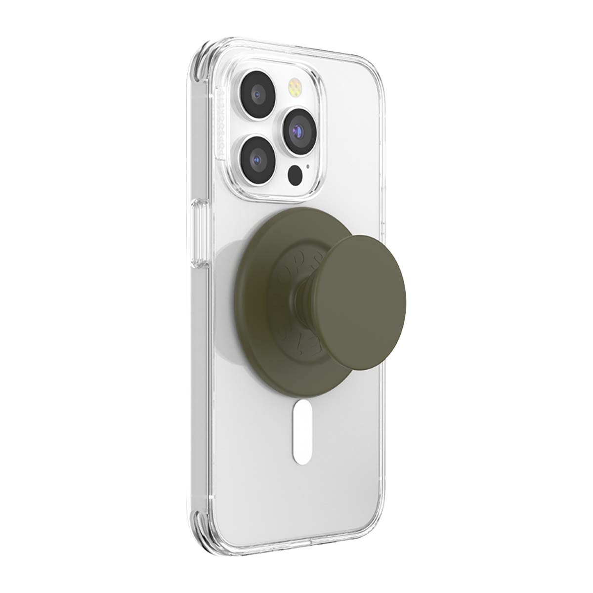 Una funda transparente para teléfono con un agarre PopSocket verde oliva.