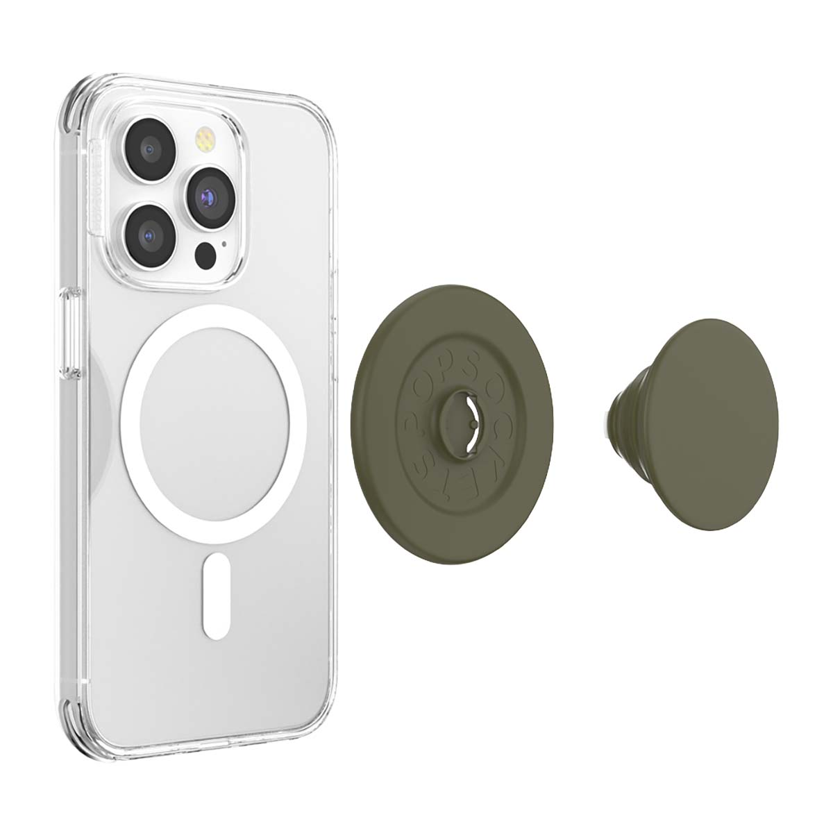 Se muestran una funda de teléfono transparente con anillo magnético y un agarre verde.