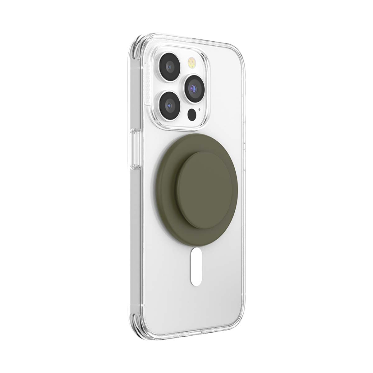 Funda transparente para teléfono con agarre verde y módulo de cámara.