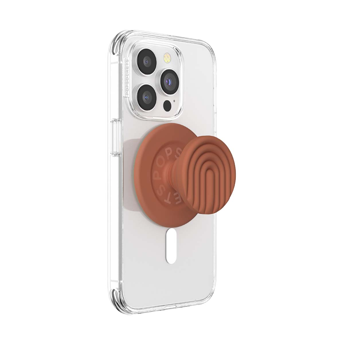 Un PopSocket marrone ad arco è attaccato a una custodia trasparente per iPhone.