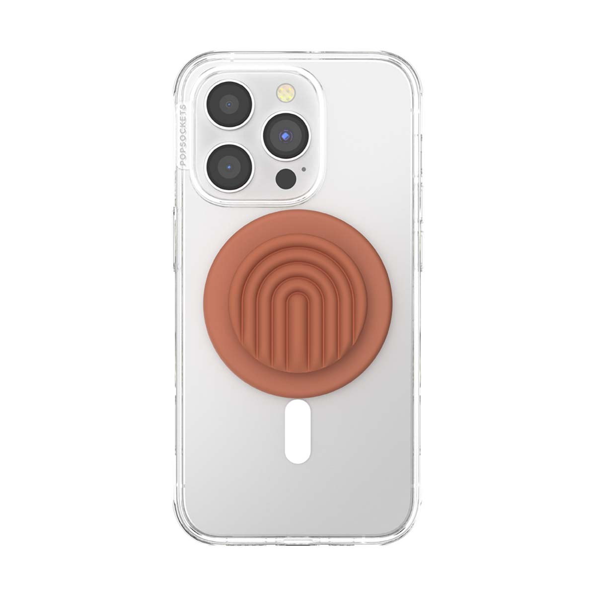 Una custodia trasparente per telefono con un Popsocket marrone a motivo arcobaleno.