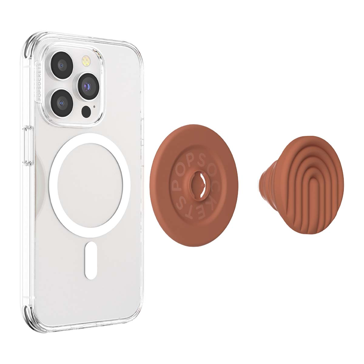 Una custodia trasparente per telefono con due accessori PopSockets marroni accanto.