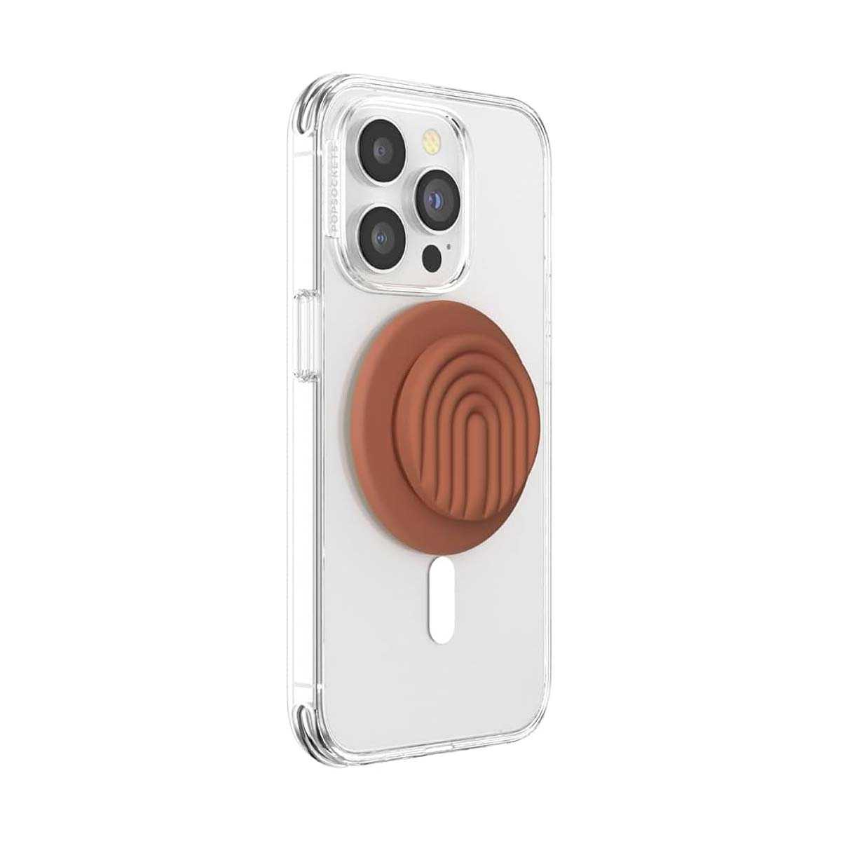Custodia trasparente per telefono con PopSocket circolare marrone con motivo arcobaleno.