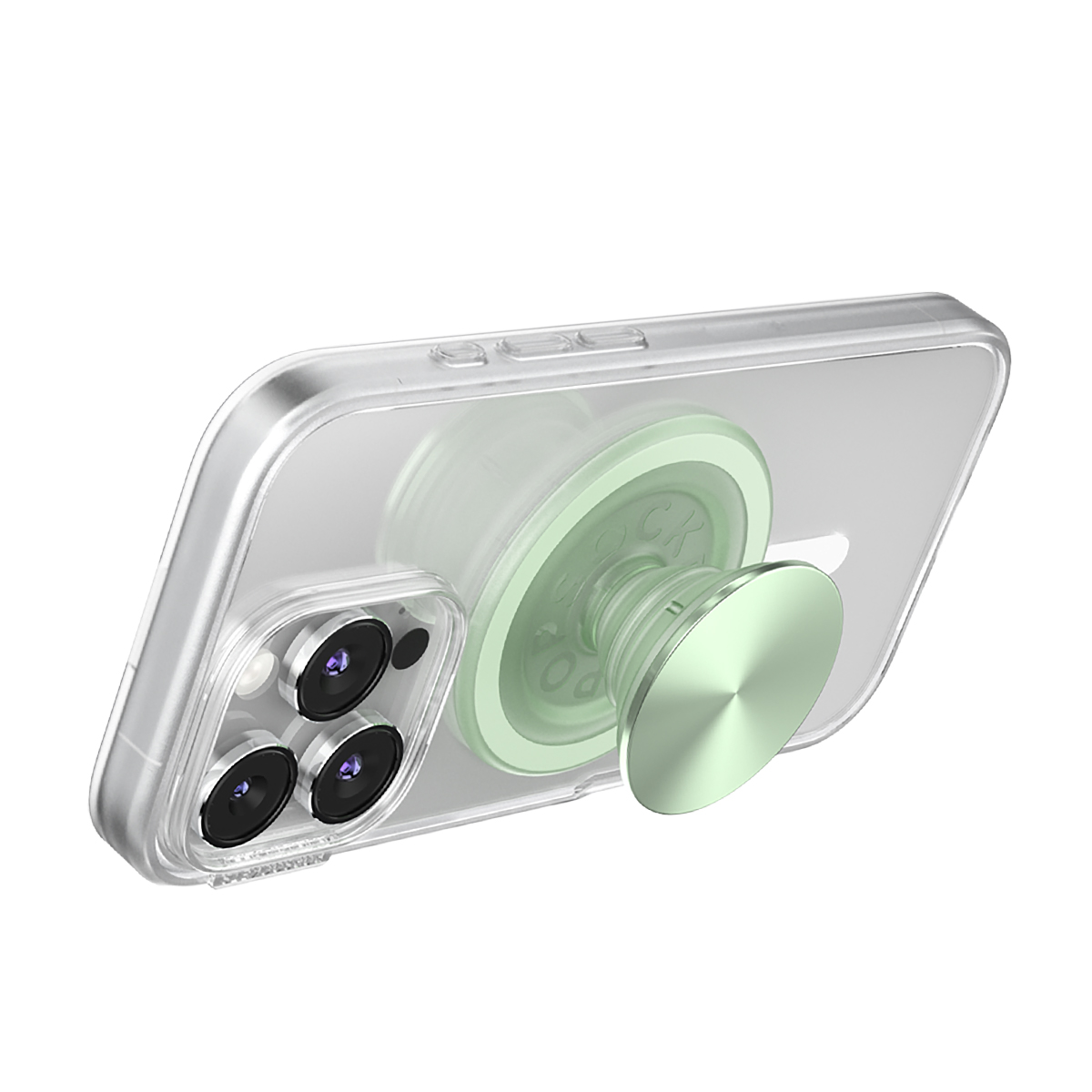 Una cover trasparente per telefono con un PopSocket verde chiaro sul retro.