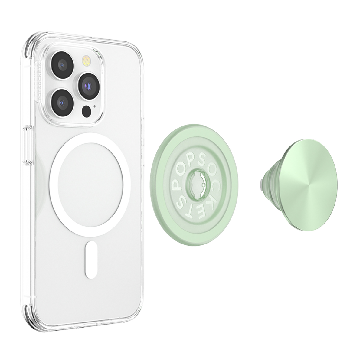 Custodia trasparente per telefono con MagSafe e PopSocket verde menta.