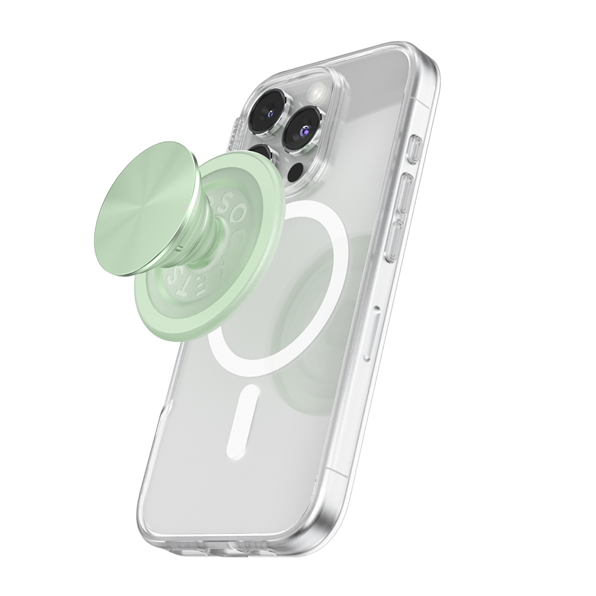 Un PopSocket verde chiaro sul retro di un iPhone trasparente con MagSafe.