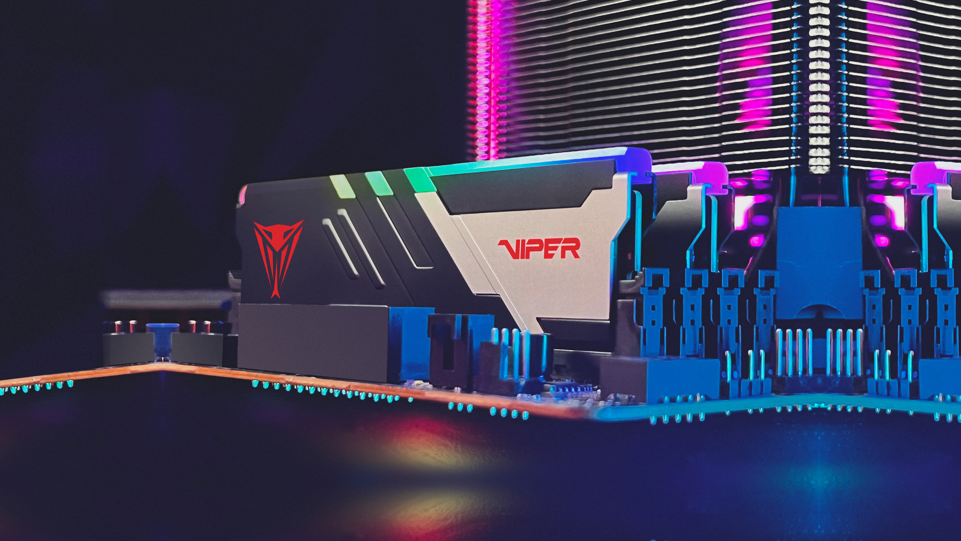 Moduł RAM Viper z podświetleniem RGB na płycie obwodu drukowanego.