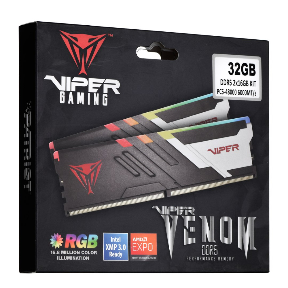 Opakowanie na 32GB pamięci DDR5 RAM od Viper Gaming z podświetleniem RGB.