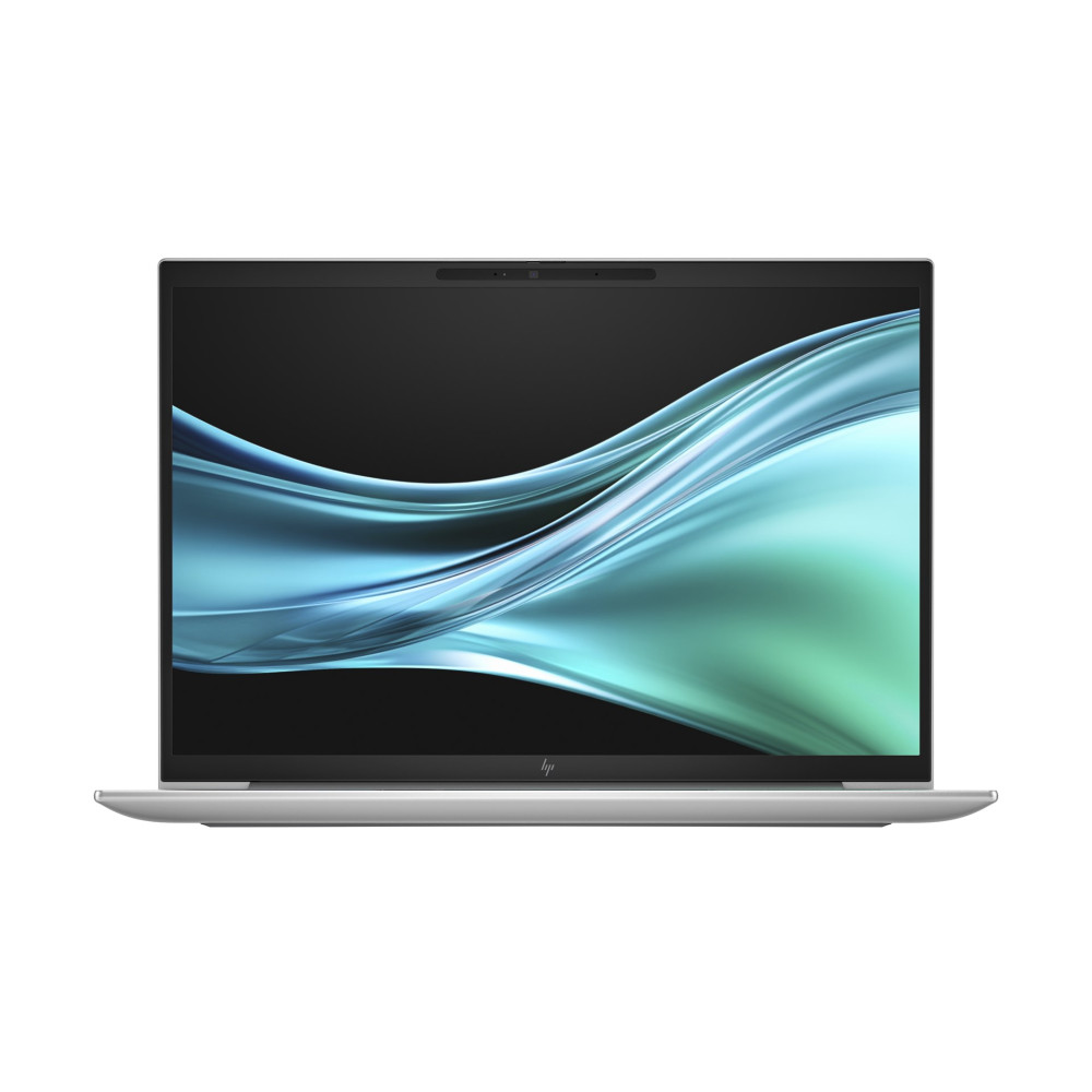 Srebrny laptop z niebiesko-zielonym abstrakcyjnym tłem na ekranie.