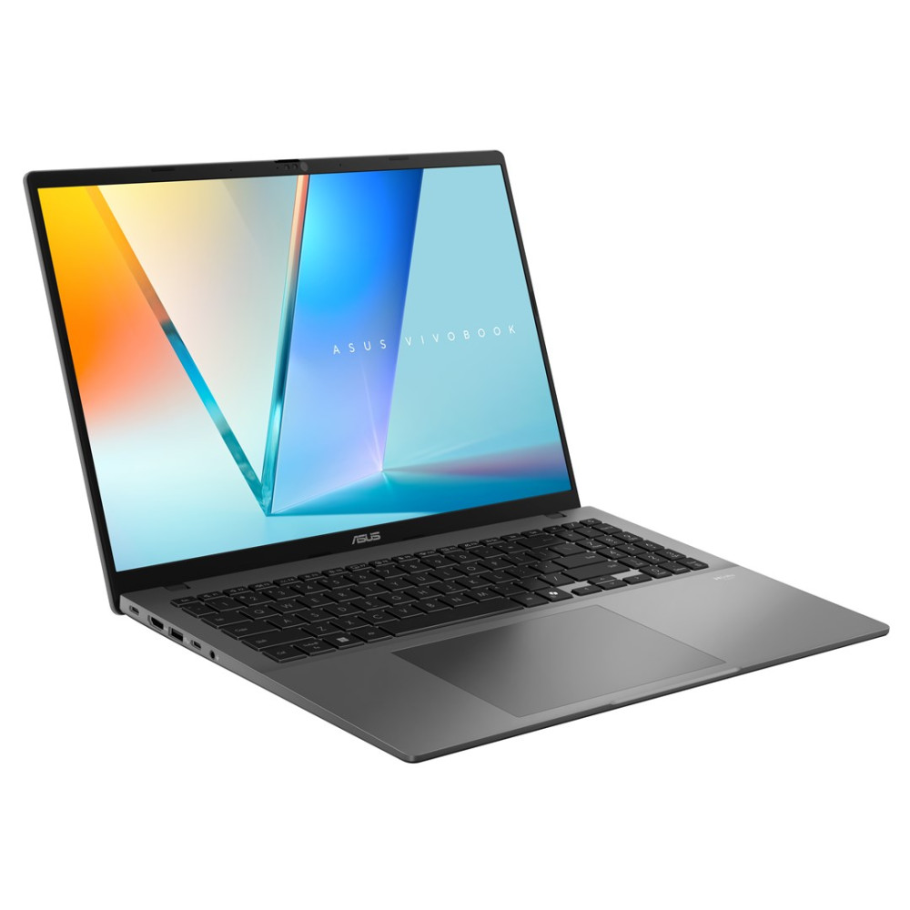 Otwarty szary laptop ASUS Vivobook z klawiaturą i touchpadem.