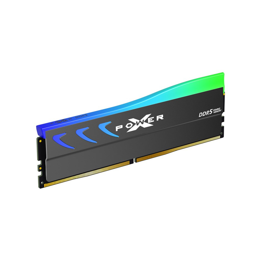 Czarny moduł RAM DDR5 z niebiesko-zielonym podświetleniem RGB i logo "XPOWER".