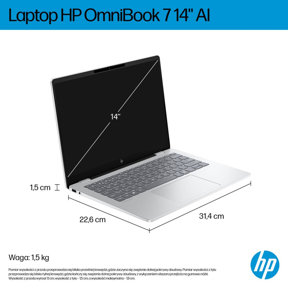 Srebrny laptop HP OmniBook 7 z ekranem 14 cali, wymiary 31,4x22,6x1,5cm.