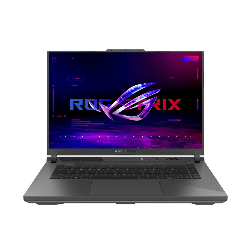 Szary laptop gamingowy z podświetlanym logo ROG na ekranie.