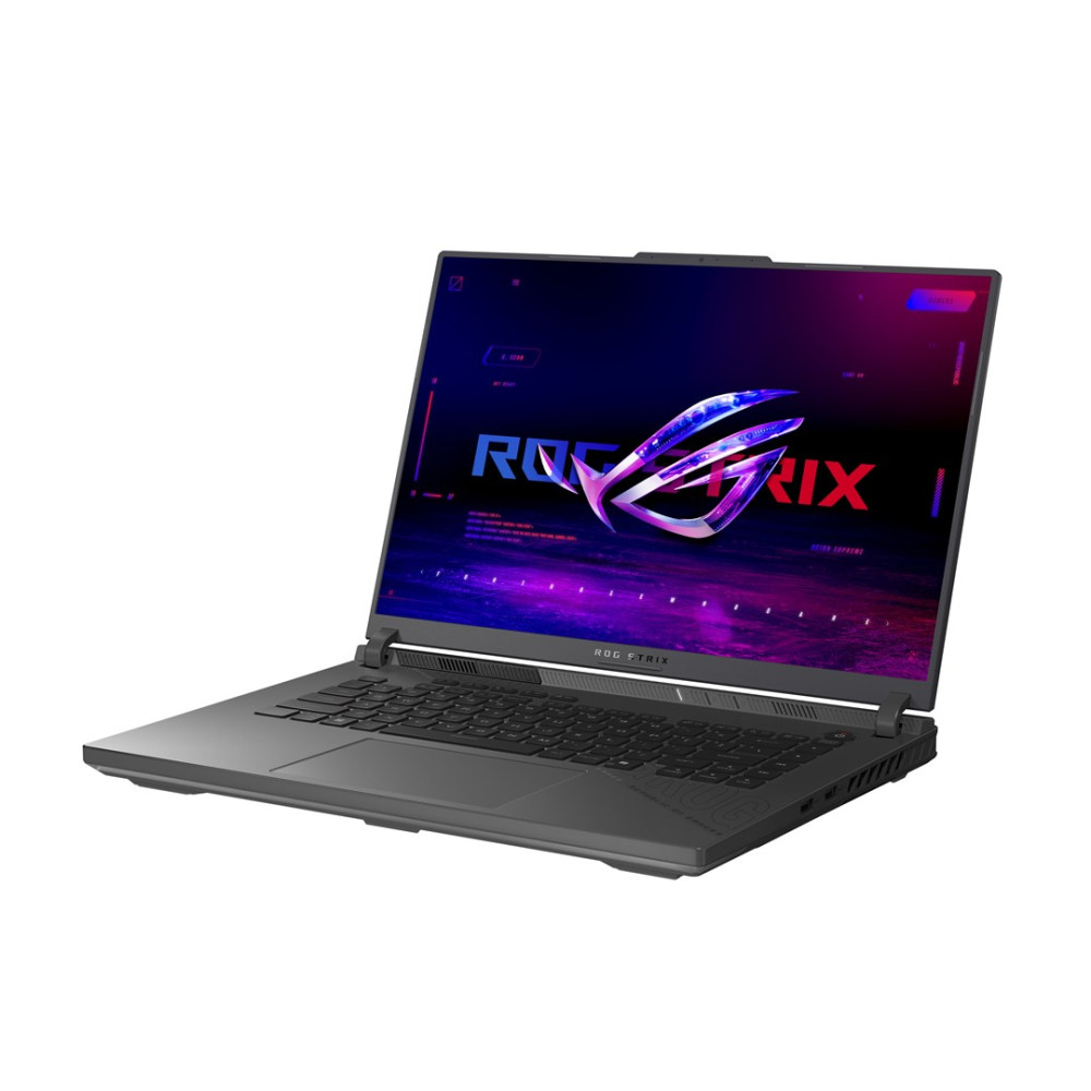 Ciemnoszary laptop Asus ROG Strix jest otwarty, wyświetla kolorowe logo ROG na ekranie.