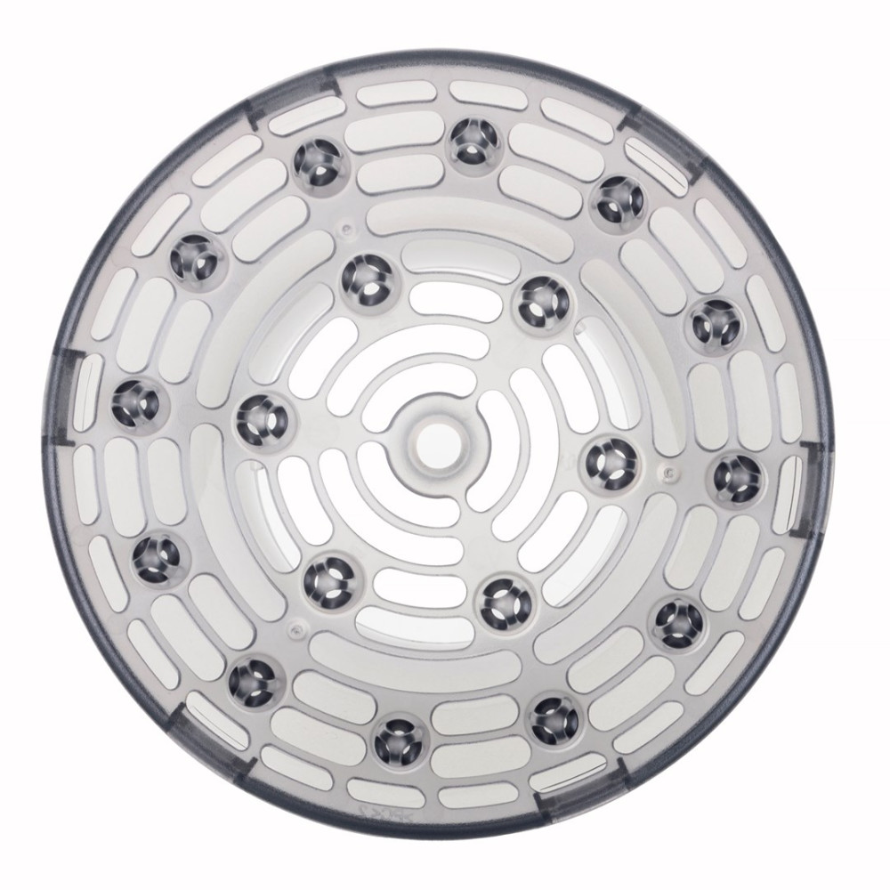 Okrągła, przezroczysta plastikowa pokrywa z wzorem szczelin i nitów.