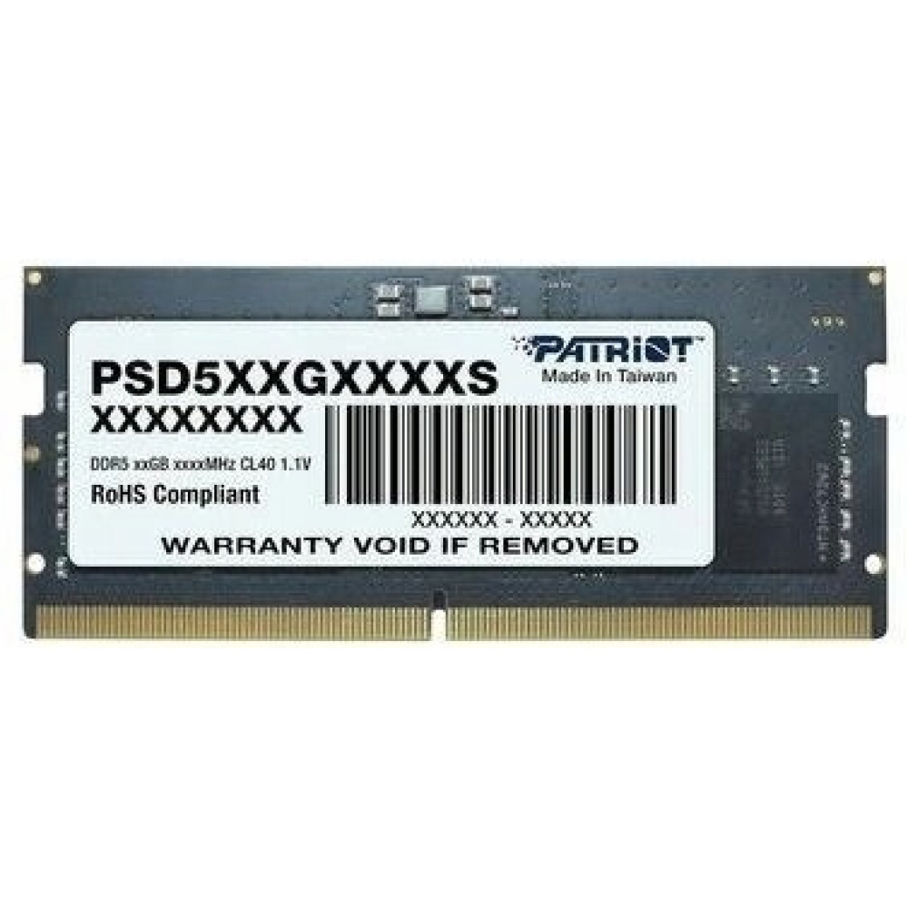 Moduł RAM Patriot DDR5 z etykietą i kodem kreskowym na czarnym tle.