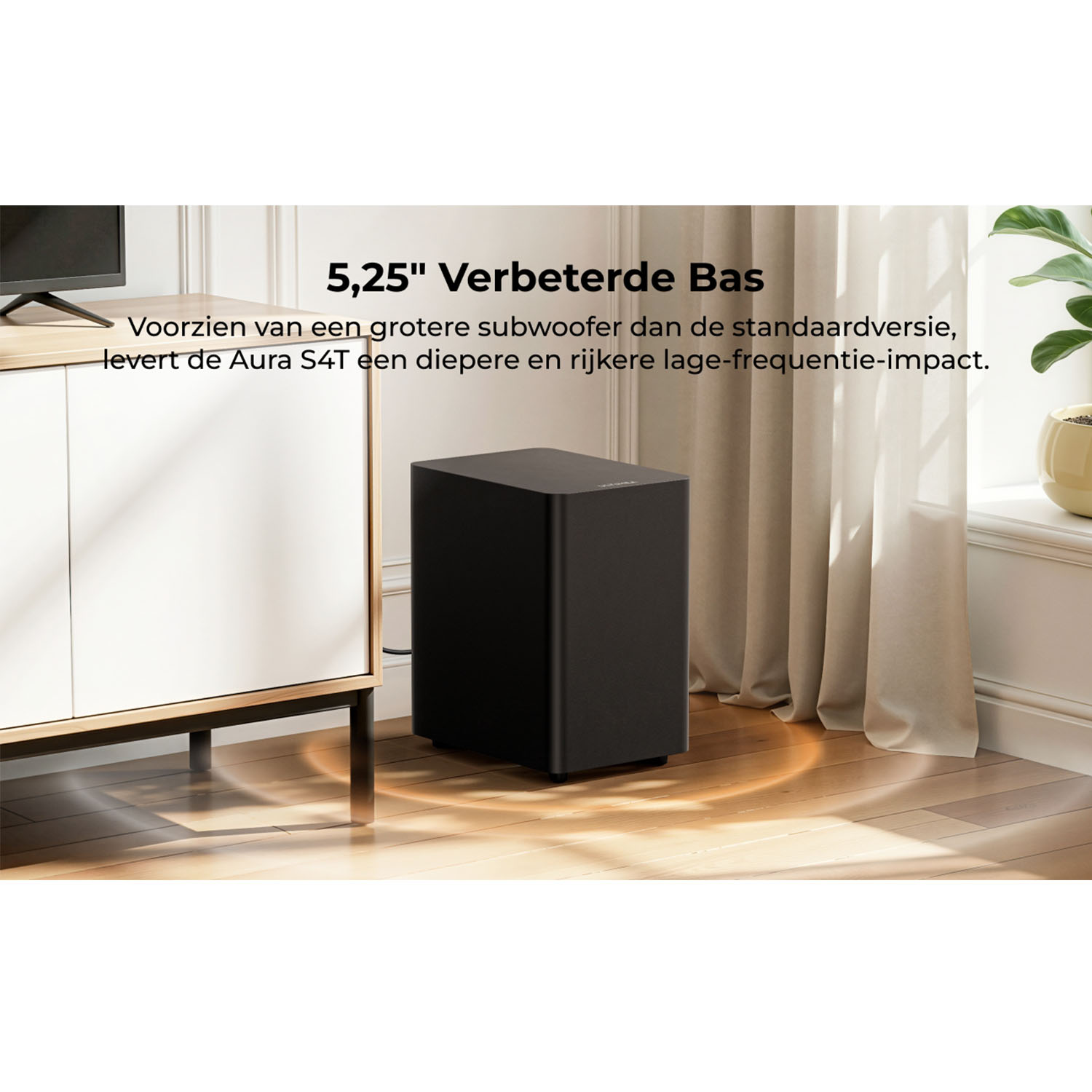 Zwarte subwoofer naast een wit meubel, met tekst.