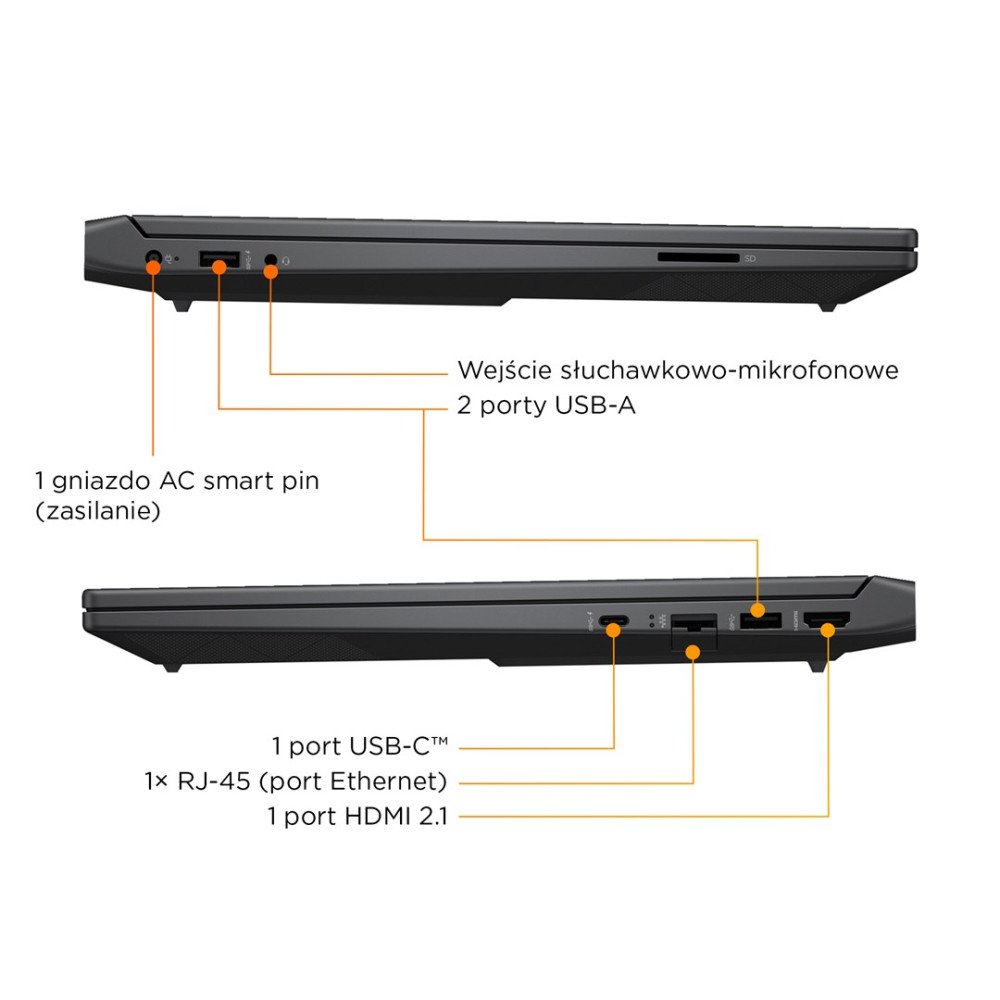 Zbliżenie czarnego laptopa pokazującego porty: zasilanie, słuchawki, USB-A, USB-C, Ethernet, HDMI.