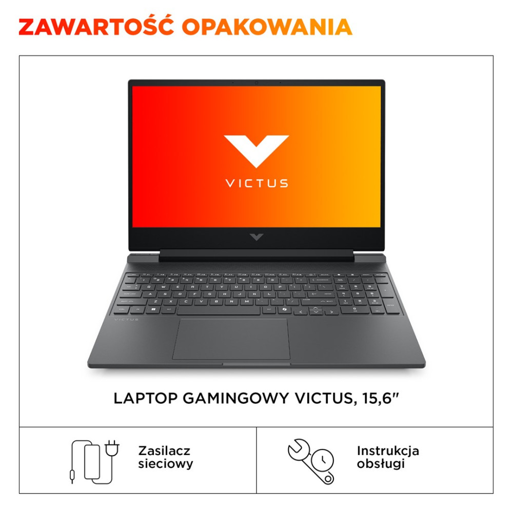 Czarny laptop gamingowy Victus 15,6 cala. Zasilacz i instrukcja w zestawie.