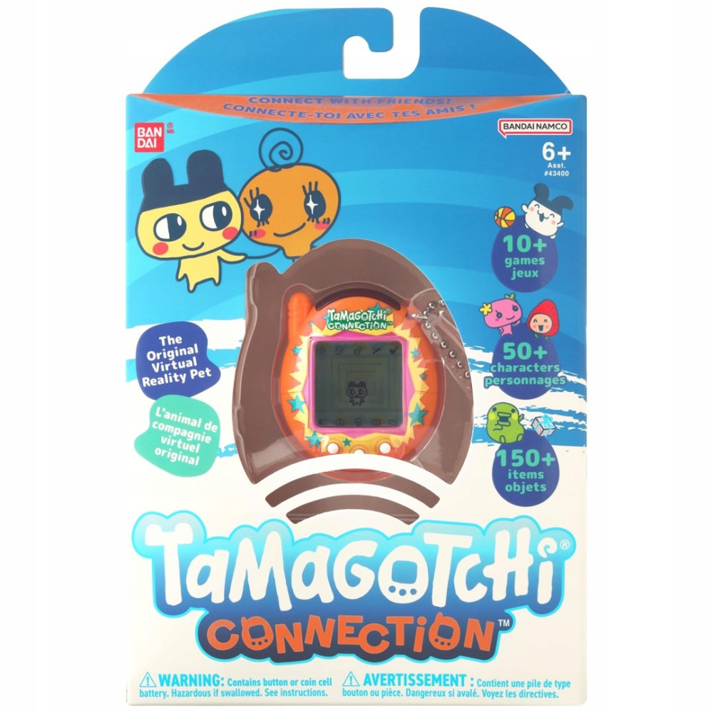 Opakowanie Tamagotchi Connection z dwiema postaciami i zabawką.