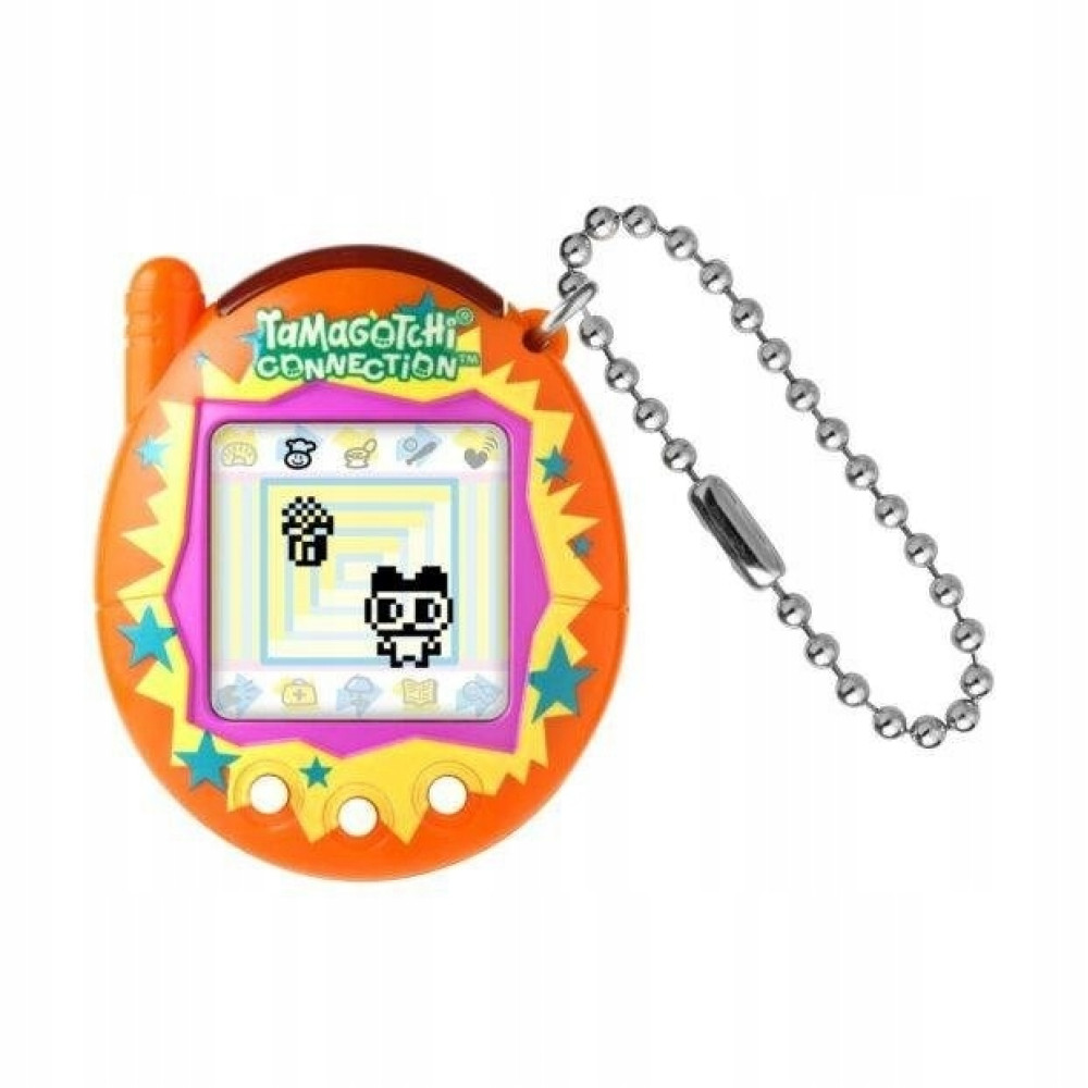 Pomarańczowy Tamagotchi z pikselowym kotem i wzorem szachownicy na ekranie, z breloczkiem.