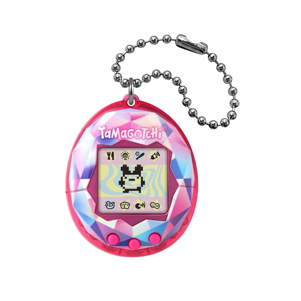 Un Tamagotchi rosa con una mascota digital en pantalla y una cadena.