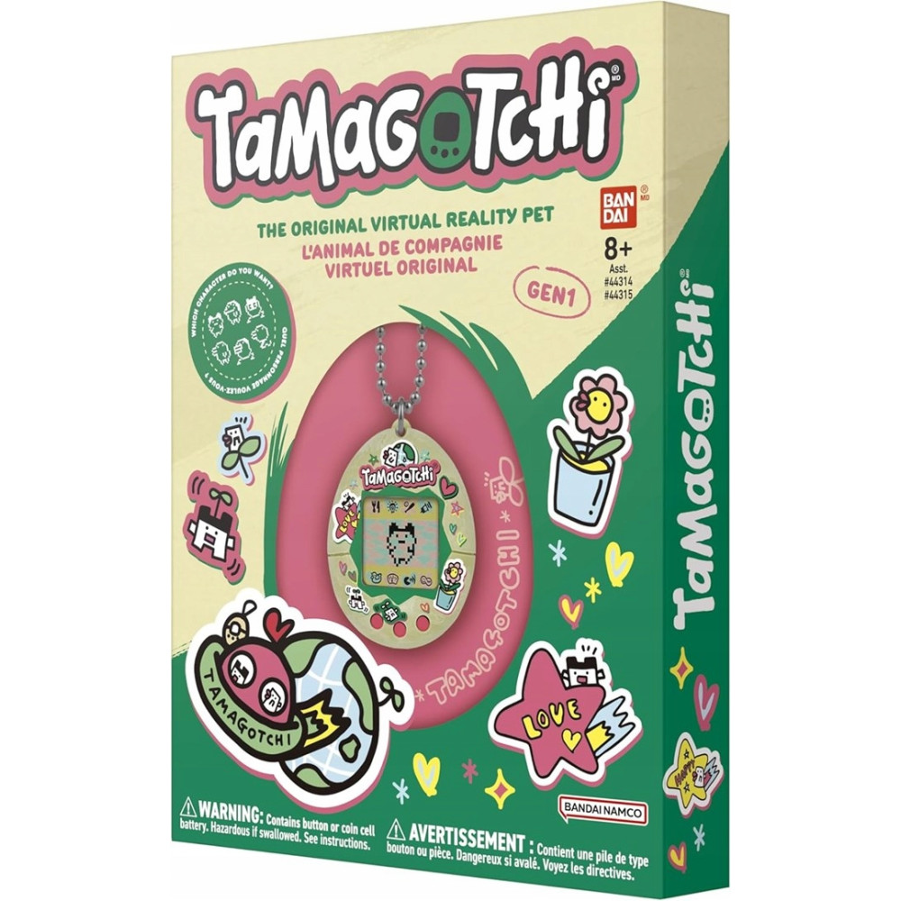 Opakowanie Tamagotchi Gen1 z pikselowym zwierzakiem i grafiką kreskówkową.