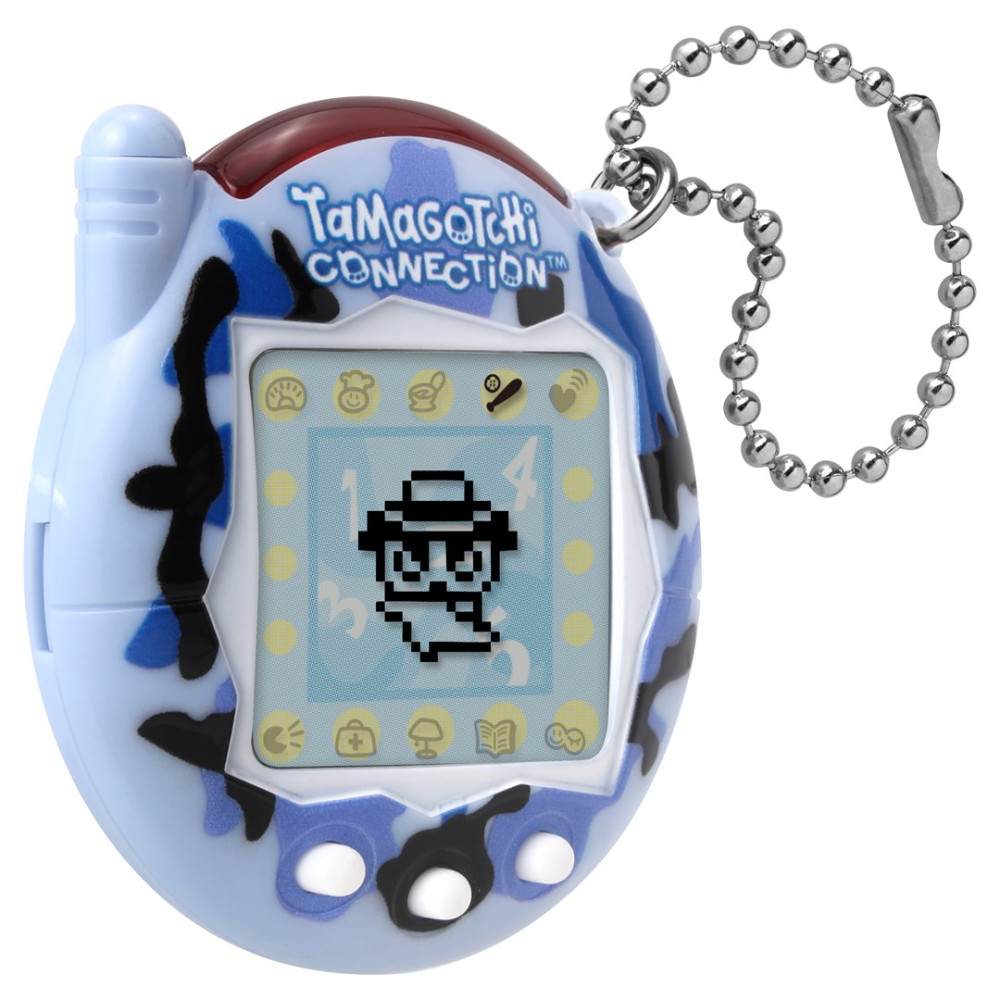 Niebiesko-czarne Tamagotchi z pikselową postacią ducha i brelokiem.