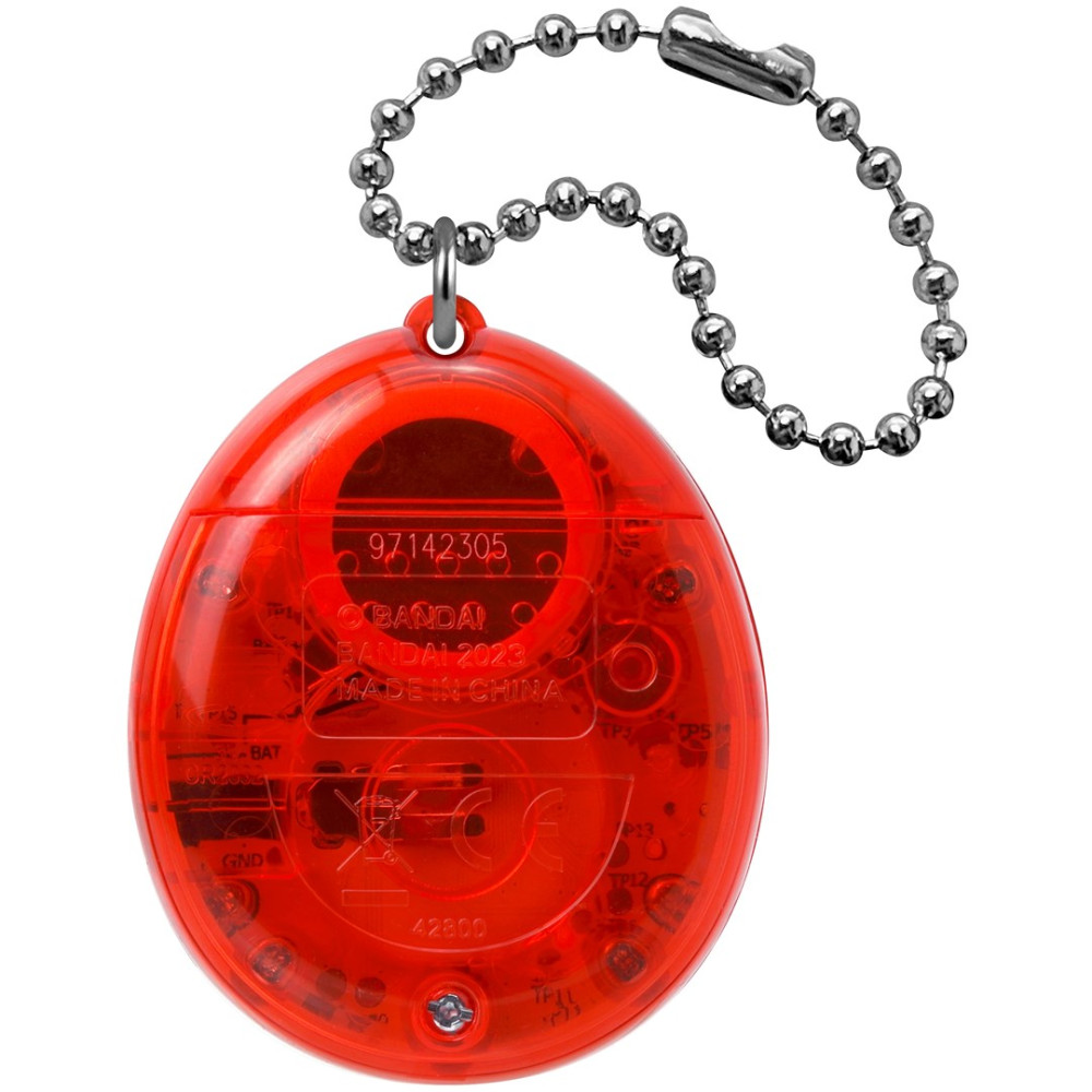 Llavero Tamagotchi translúcido rojo con cadena de bolas plateada.