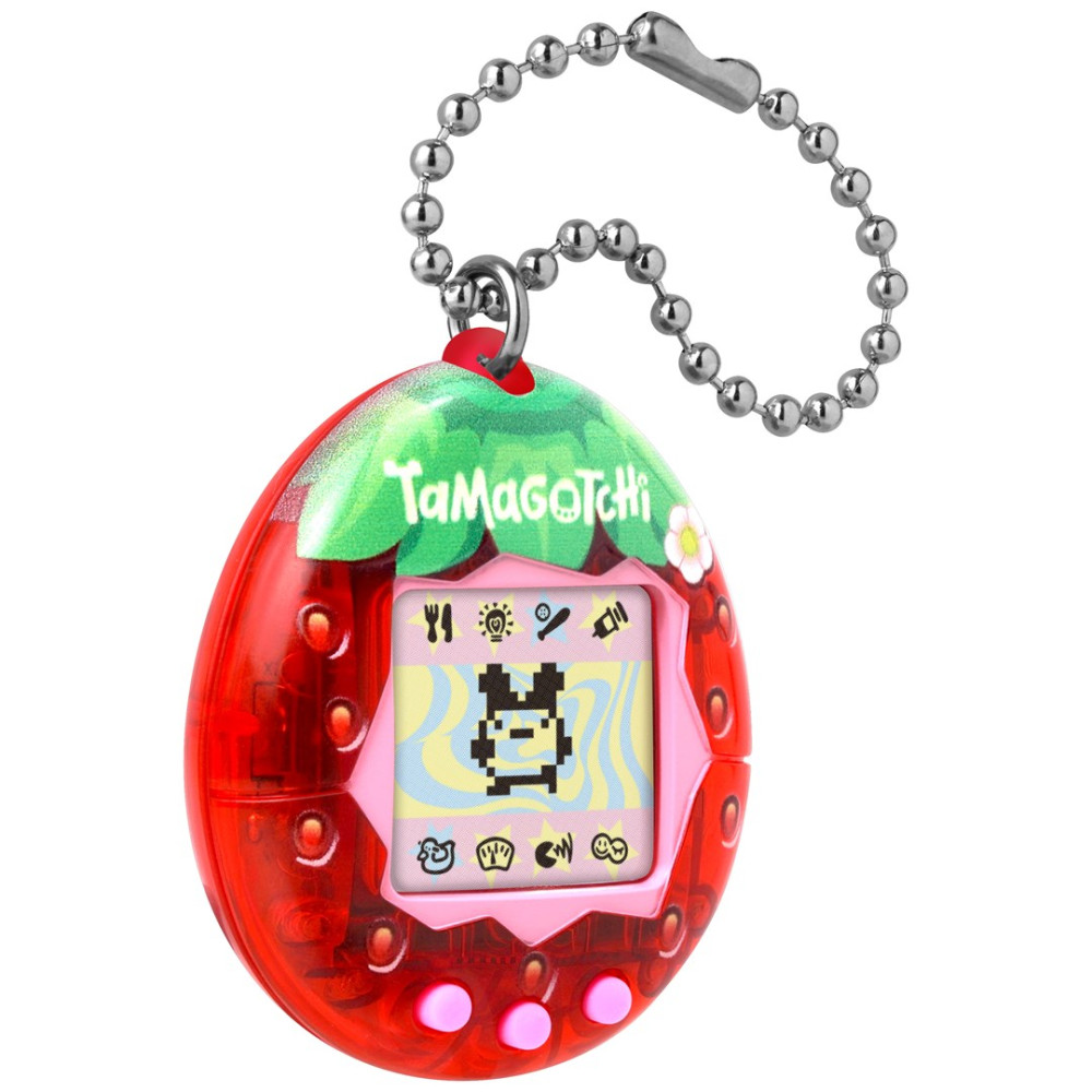 Un Tamagotchi rojo con forma de fresa y cadena plateada.