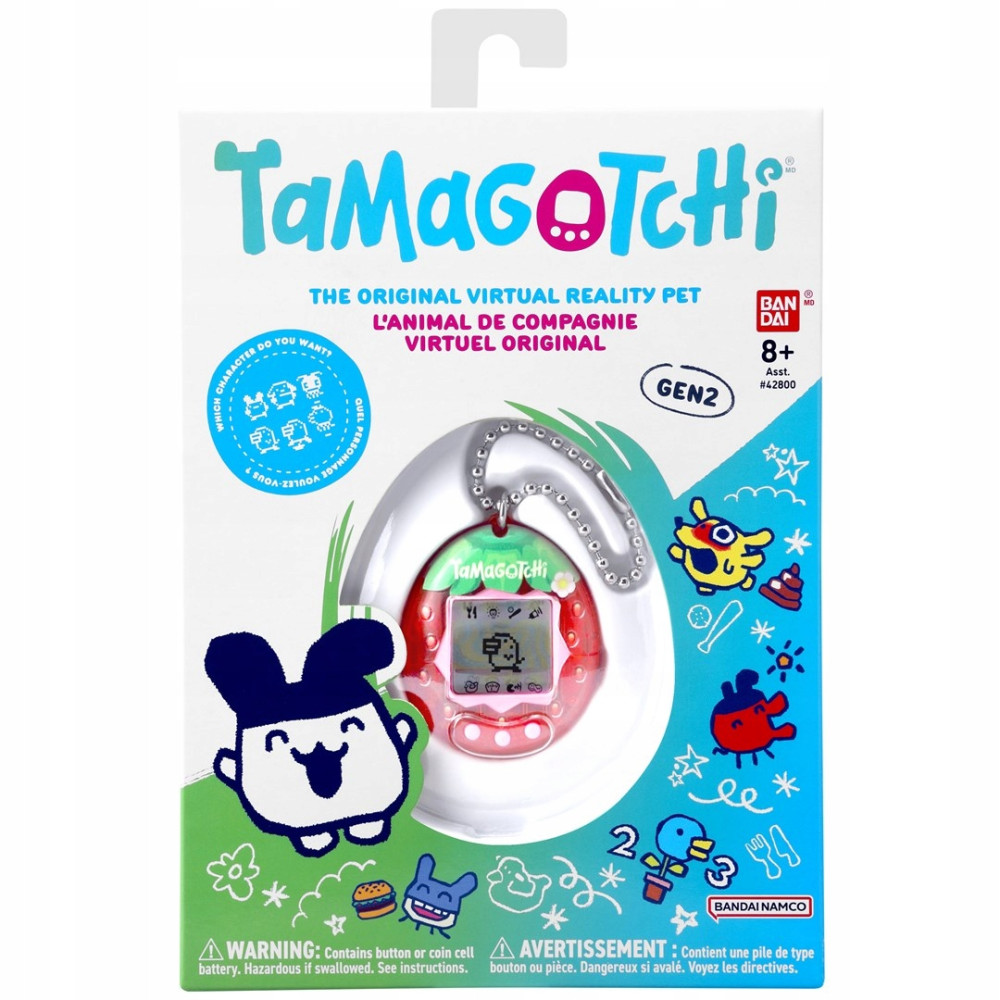 Tamagotchi Gen2 en forma de fresa, con pantalla de mascota virtual y accesorios.