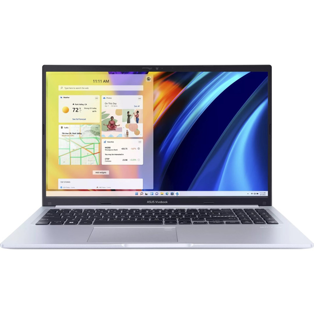 Srebrny laptop ASUS Vivobook z otwartym menu Start Windows.