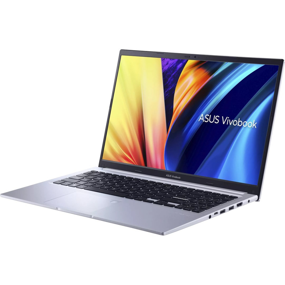 Srebrny laptop Asus Vivobook z klawiaturą i podświetlanym ekranem.